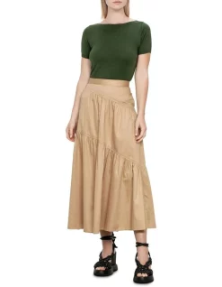 New 👏 Veronika Maine Polished Cotton Tiered Maxi 👗 Skirt In Biscuit ⭐