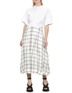 Hot Sale 🔥 Veronika Maine Linen Check Pleat 👗 Skirt In White 😍