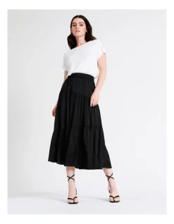 New ❤️ Basque Shirred Waist Recycled Bruised Poly Satin Tiered 👗 Skirt In Black ✨