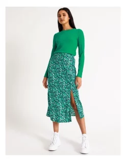 Discount β€οΈ Miss Shop Split Front Slip Midi π Skirt In Green Pepper Print β