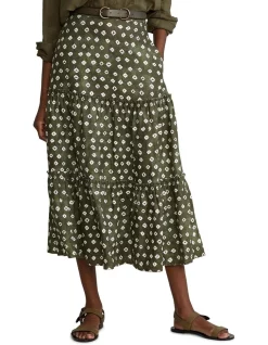 Cheap βοΈ Polo Ralph Lauren Block-Print Tiered Linen Midi π Skirt In Green π€©