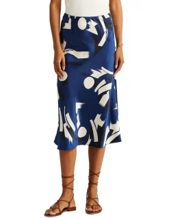 New 👏 Lauren Ralph Lauren Geometric-Print Satin Charmeuse 👗 Skirt In Blue 🎉